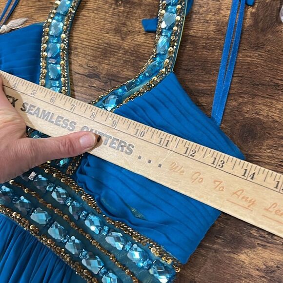 Cache Beaded Evening Gown Turquoise Overlay Maxi Jeweled 2 - Picture 7 of 7